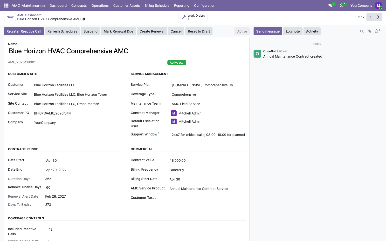 AMC customer contract with coverage, service terms, and equipment