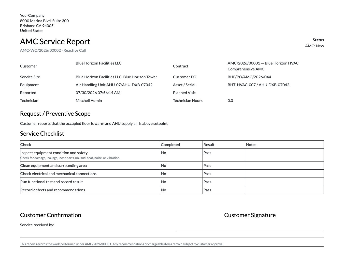 Customer-ready AMC maintenance service report